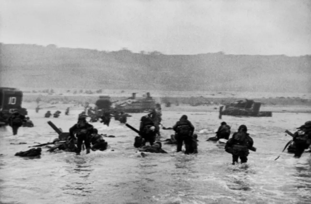 American troops wading ashore on Omaha Beach, June 1944